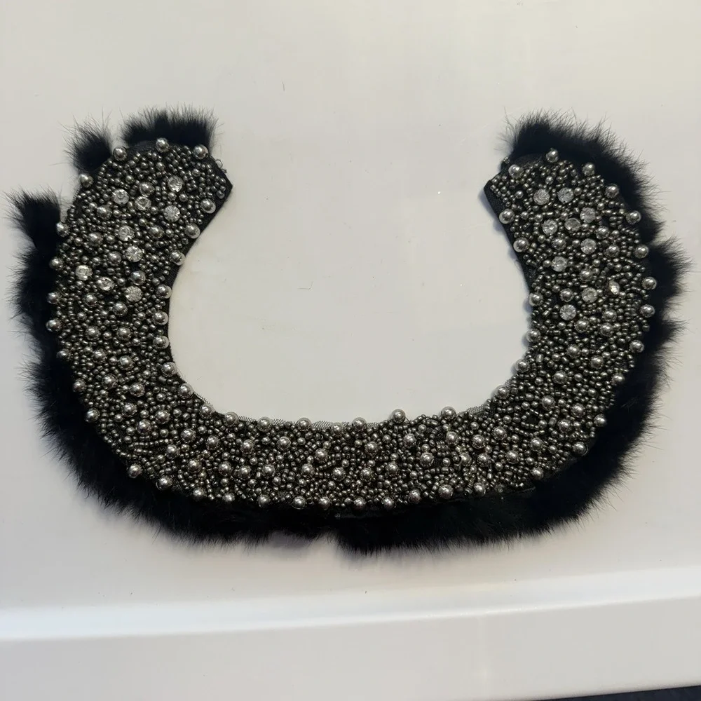 Vintage Handmade Fur & Faux Pearl Beaded Collar Necklace Black For Tops,Sweaters